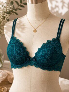 SIMONE PERELE Lace Underwire Bra Dark Teal 32E Double Strap Elegant